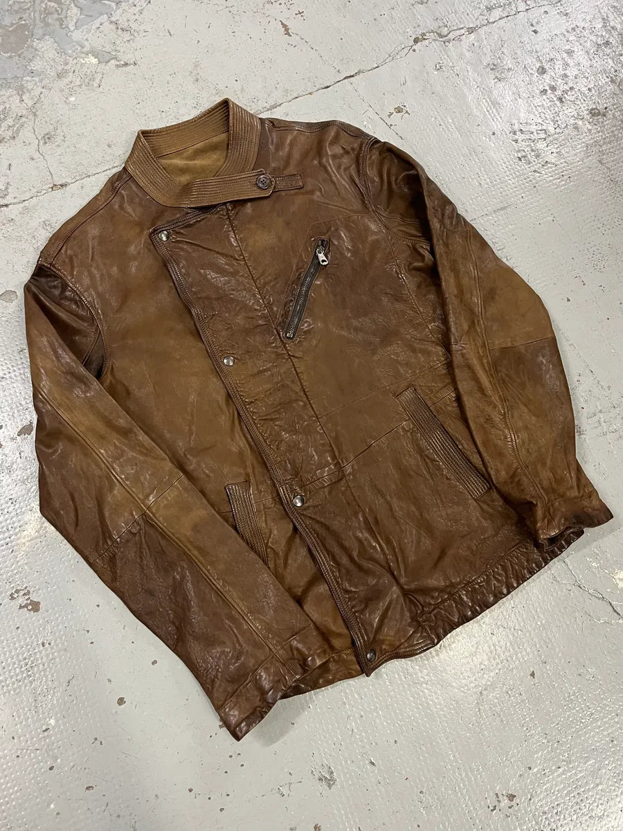 1990s Emporio Armani Asymmetrical Avant Garde Brown Leather Jacket jWVuTsH 3