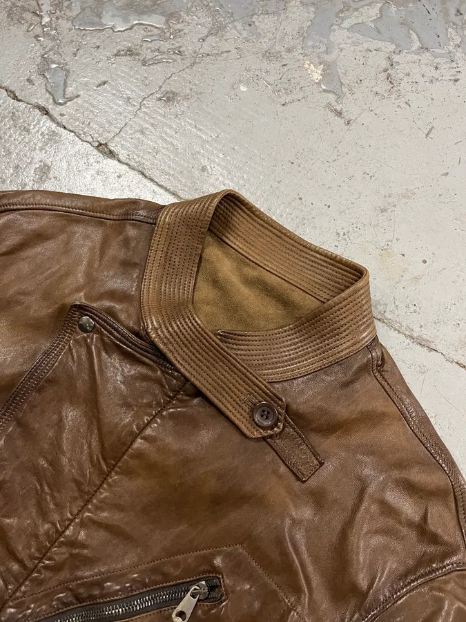 1990s Emporio Armani Asymmetrical Avant Garde Brown Leather Jacket jWVuTsH 4