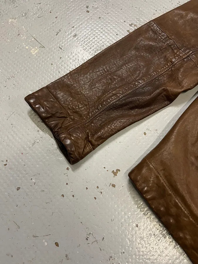 1990s Emporio Armani Asymmetrical Avant Garde Brown Leather Jacket jWVuTsH 5