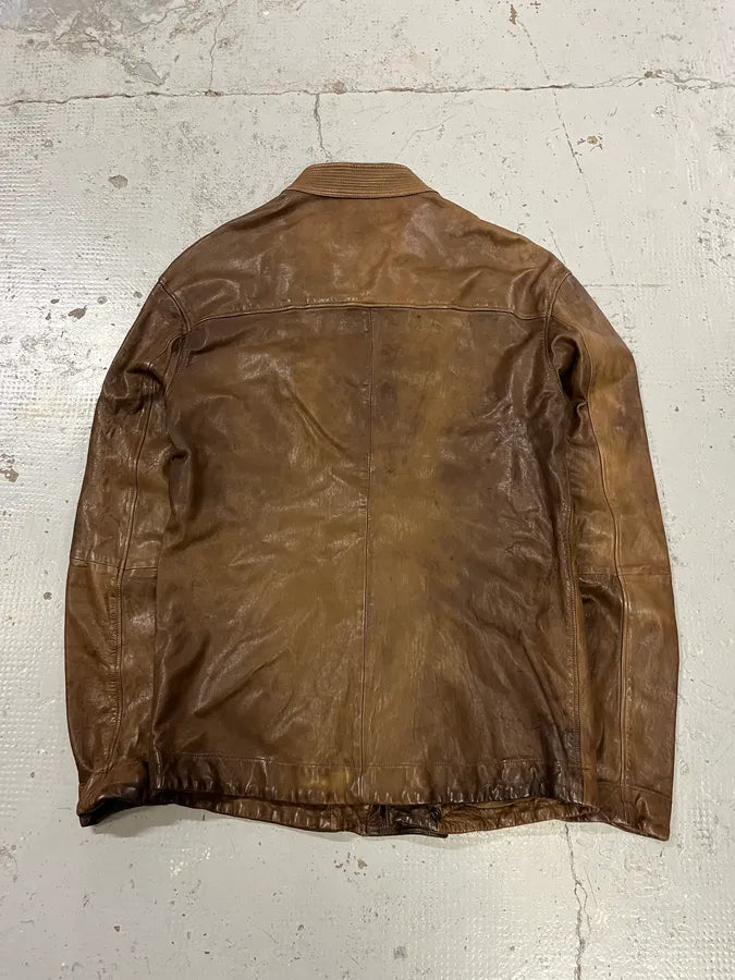 1990s Emporio Armani Asymmetrical Avant Garde Brown Leather Jacket jWVuTsH 6