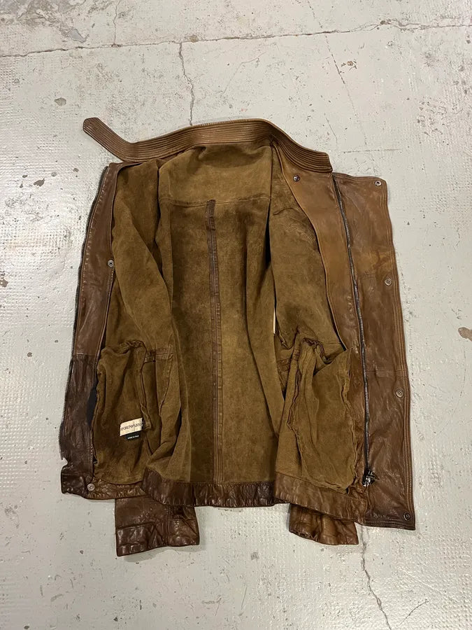 1990s Emporio Armani Asymmetrical Avant Garde Brown Leather Jacket jWVuTsH 7