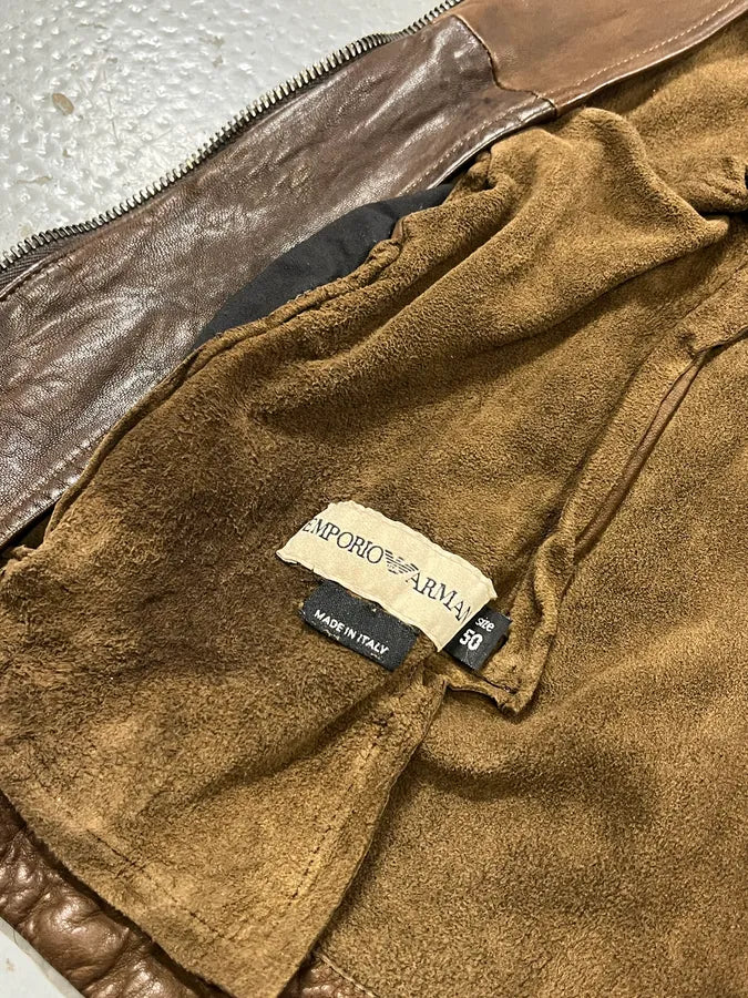1990s Emporio Armani Asymmetrical Avant Garde Brown Leather Jacket jWVuTsH 8