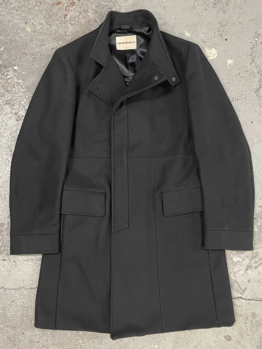 1990s Emporio Armani Asymmetrical Black Wool Trench Coat (M) 0