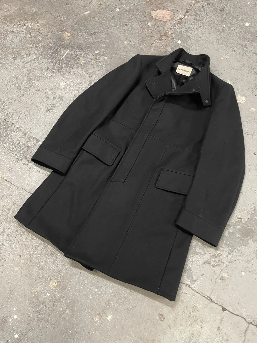 1990s Emporio Armani Asymmetrical Black Wool Trench Coat (M) 1
