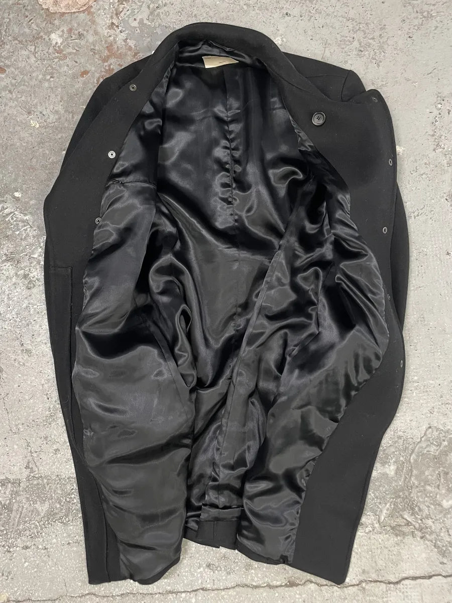 1990s Emporio Armani Asymmetrical Black Wool Trench Coat (M) 3