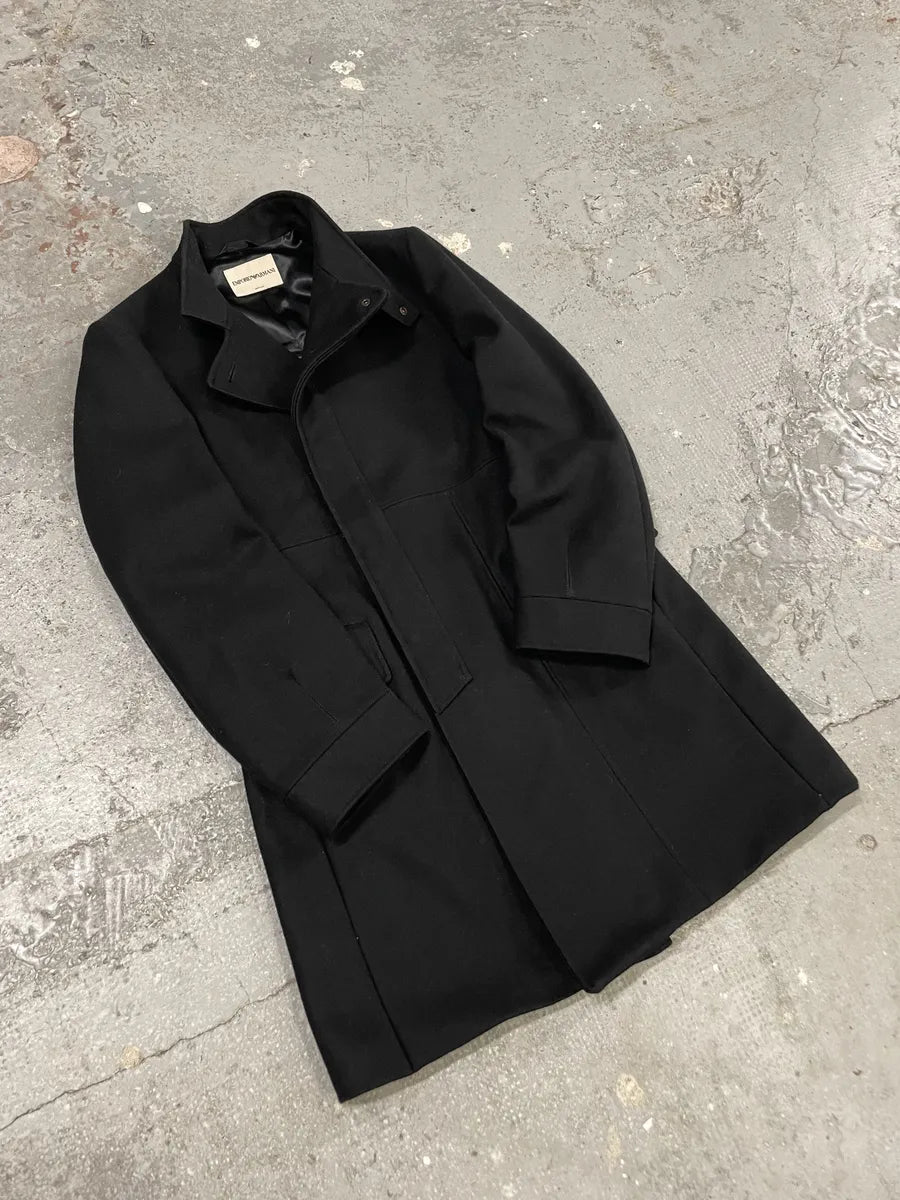 1990s Emporio Armani Asymmetrical Black Wool Trench Coat (M) 4