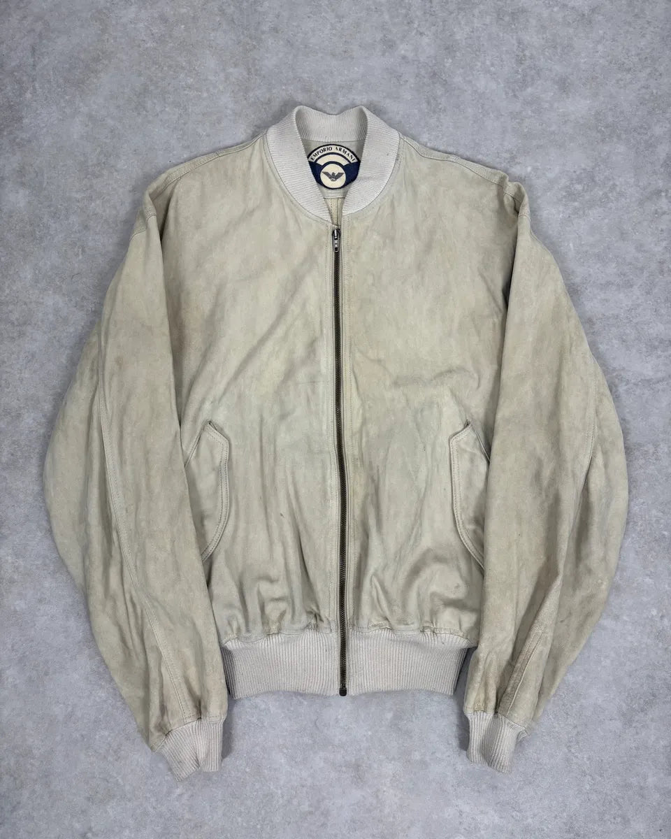 1990s Emporio Armani Beige Suede Leather Bombers ZSOSrsx 0