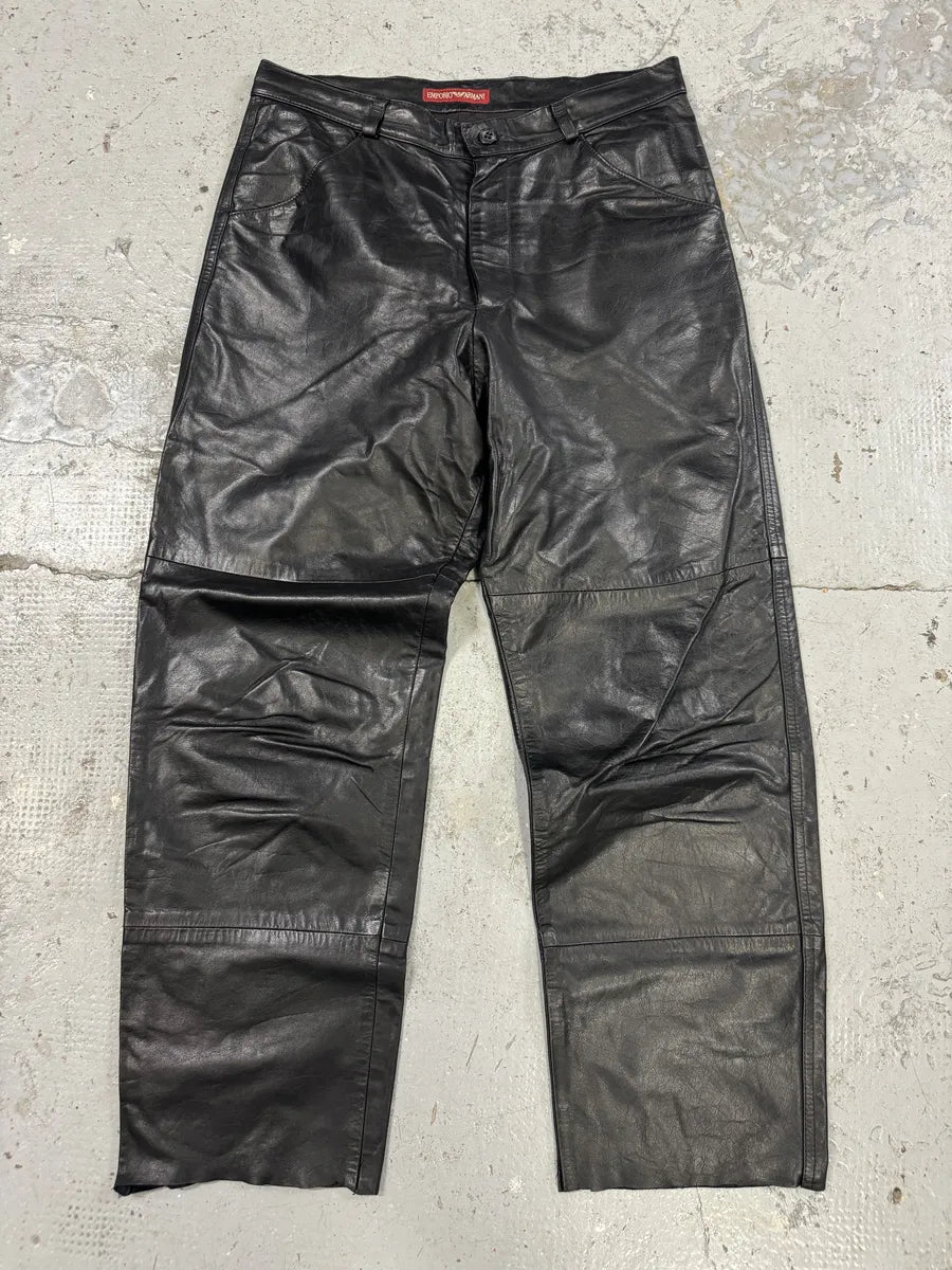 1990s Emporio Armani Black Leather Biker Pants URjrdlj 1