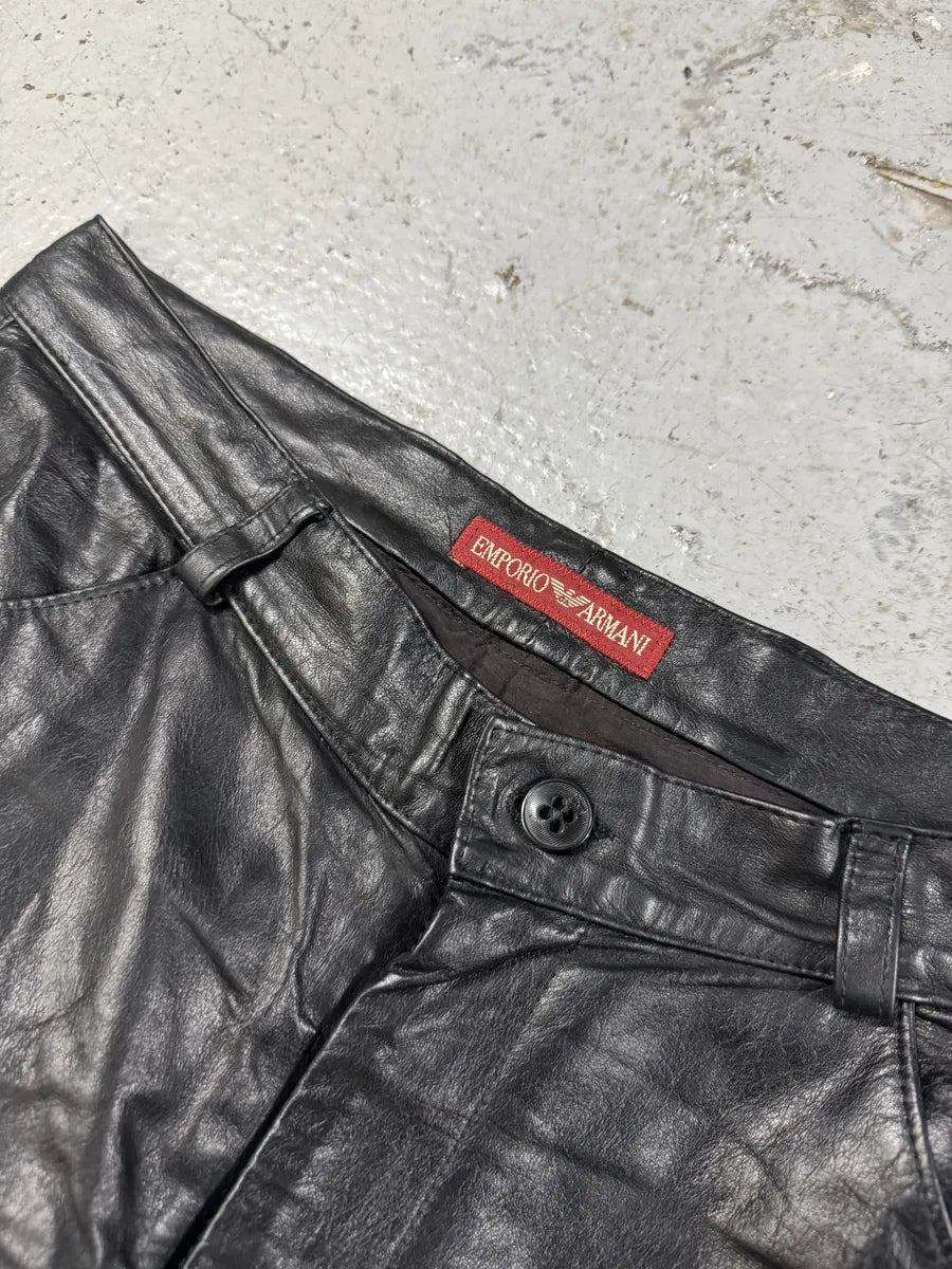 1990s Emporio Armani Black Leather Biker Pants URjrdlj 10