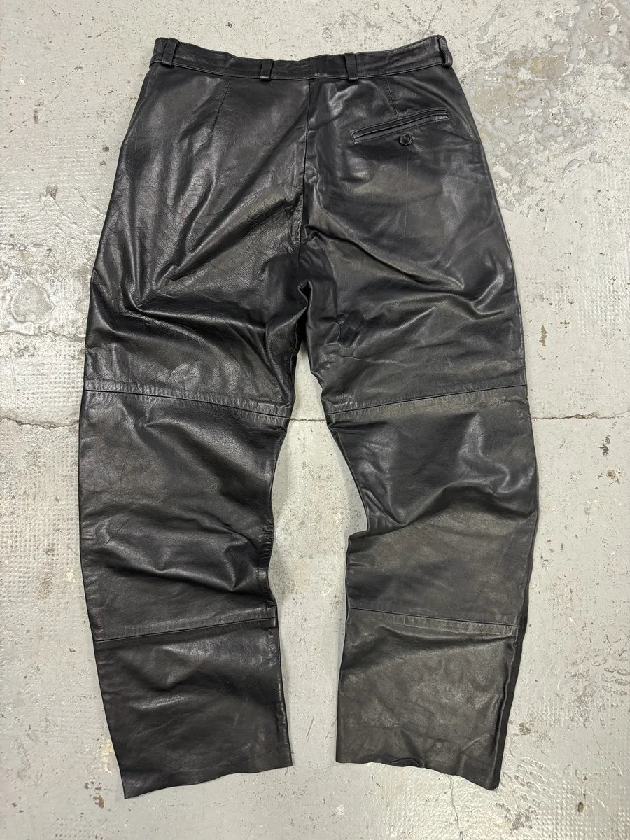 1990s Emporio Armani Black Leather Biker Pants URjrdlj 3