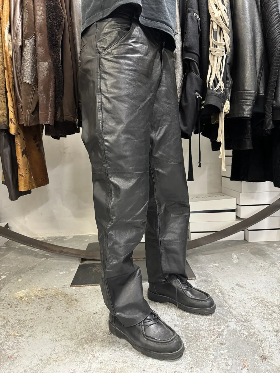 1990s Emporio Armani Black Leather Biker Pants URjrdlj 4