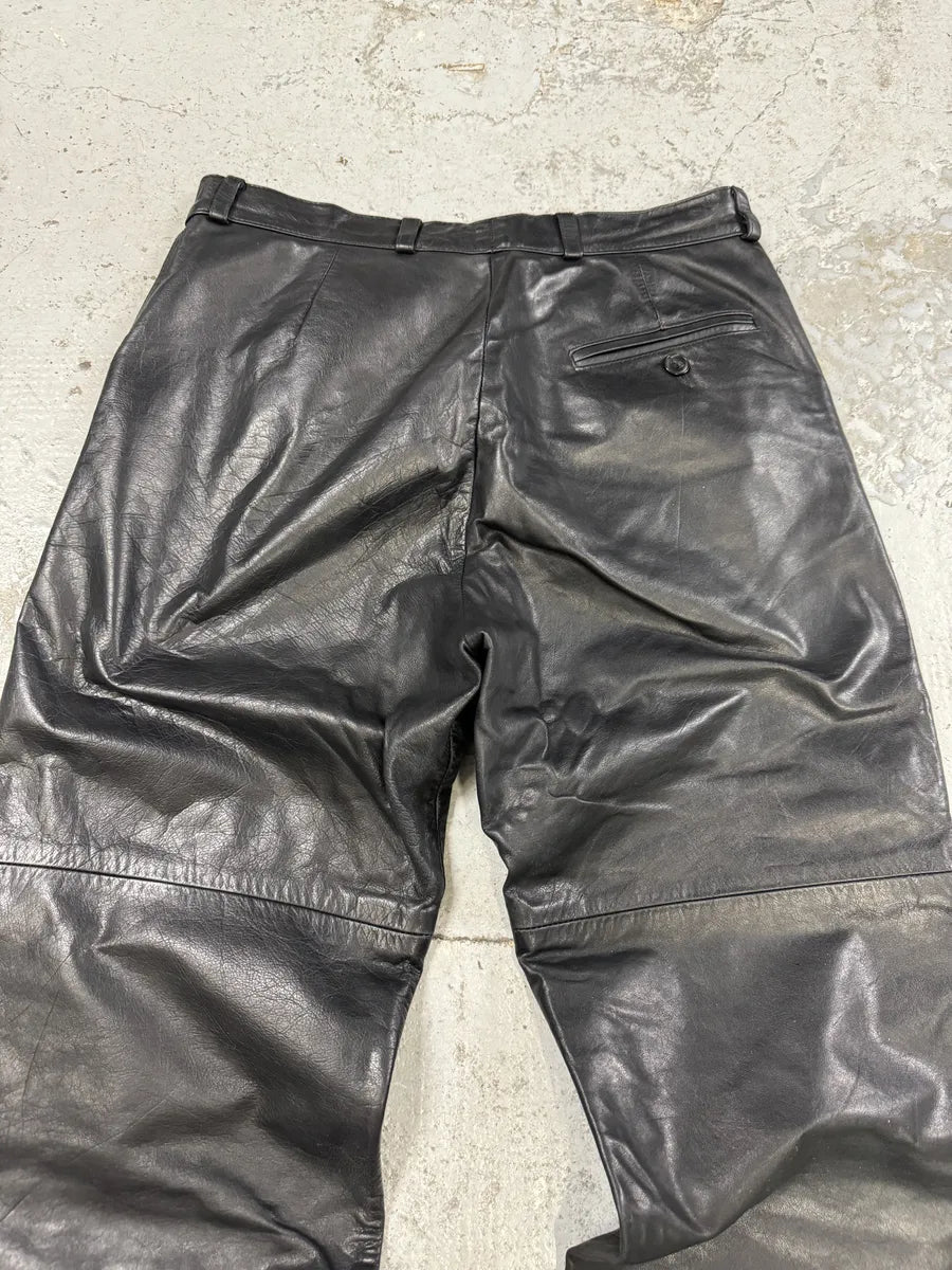 1990s Emporio Armani Black Leather Biker Pants URjrdlj 5