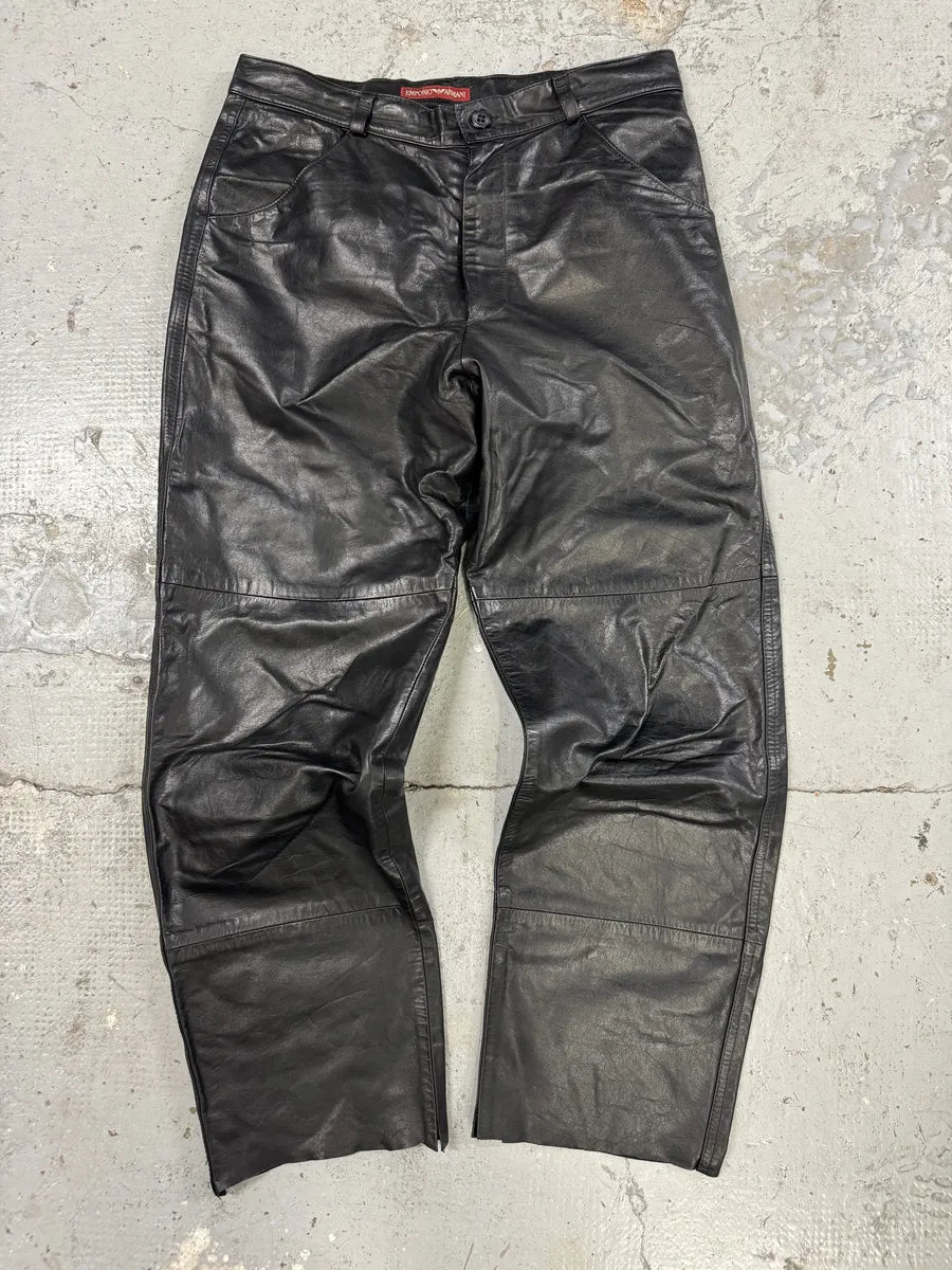 1990s Emporio Armani Black Leather Biker Pants URjrdlj 6