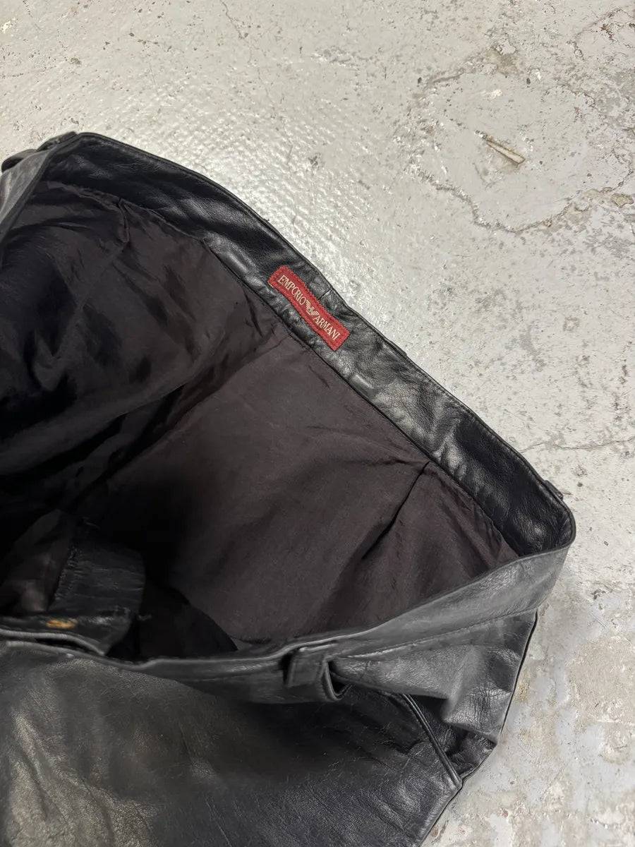 1990s Emporio Armani Black Leather Biker Pants URjrdlj 9