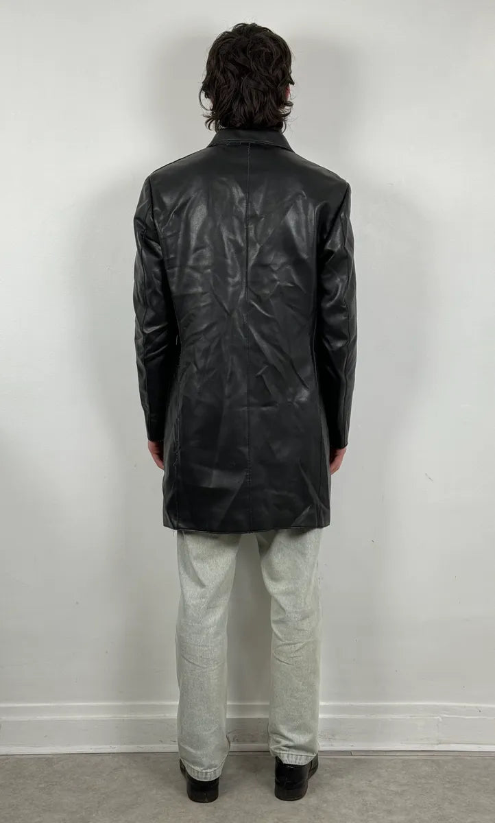 1990s Emporio Armani Black Long Classy Leather Jacket ynFRCwT 2