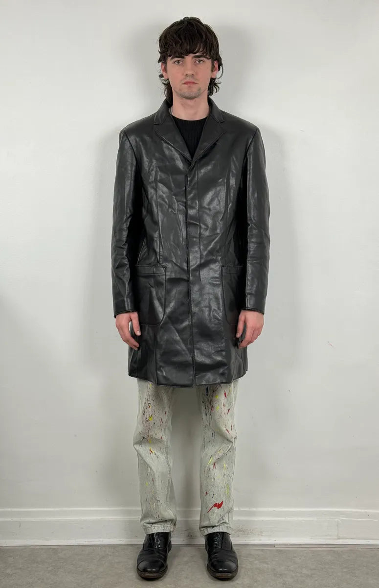 1990s Emporio Armani Black Long Classy Leather Jacket ynFRCwT 1