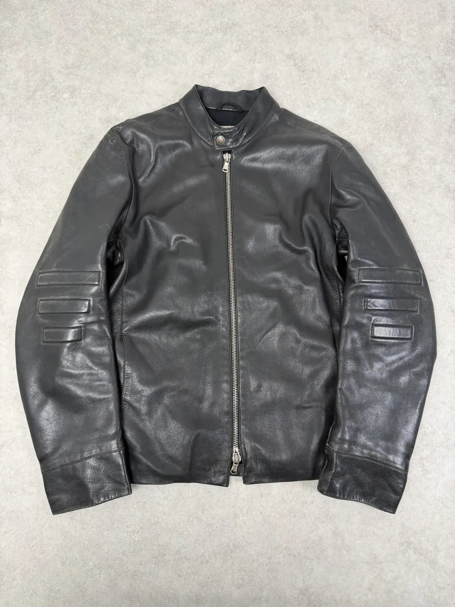 1990s Emporio Armani Black Padded Leather Minimalist Biker Jacket mlObgHf 0