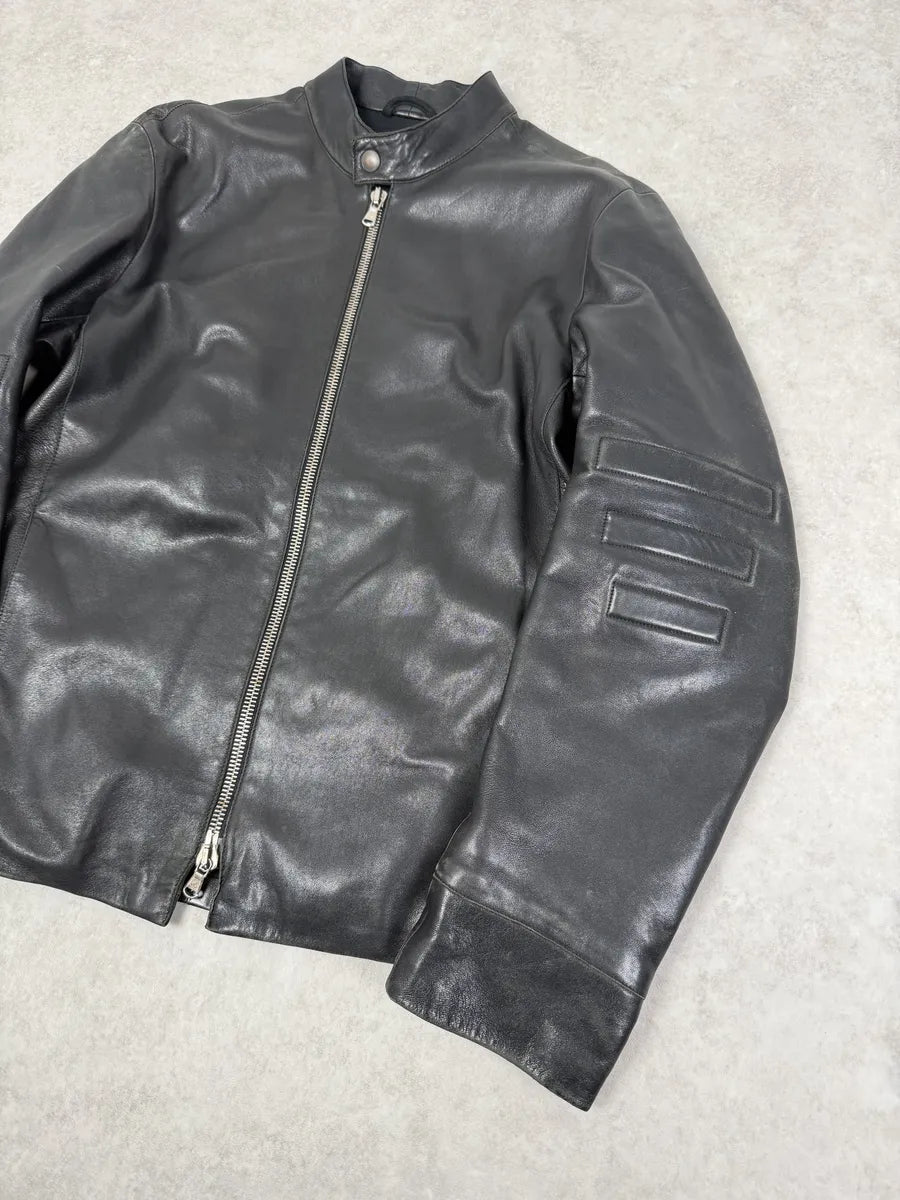1990s Emporio Armani Black Padded Leather Minimalist Biker Jacket mlObgHf 1