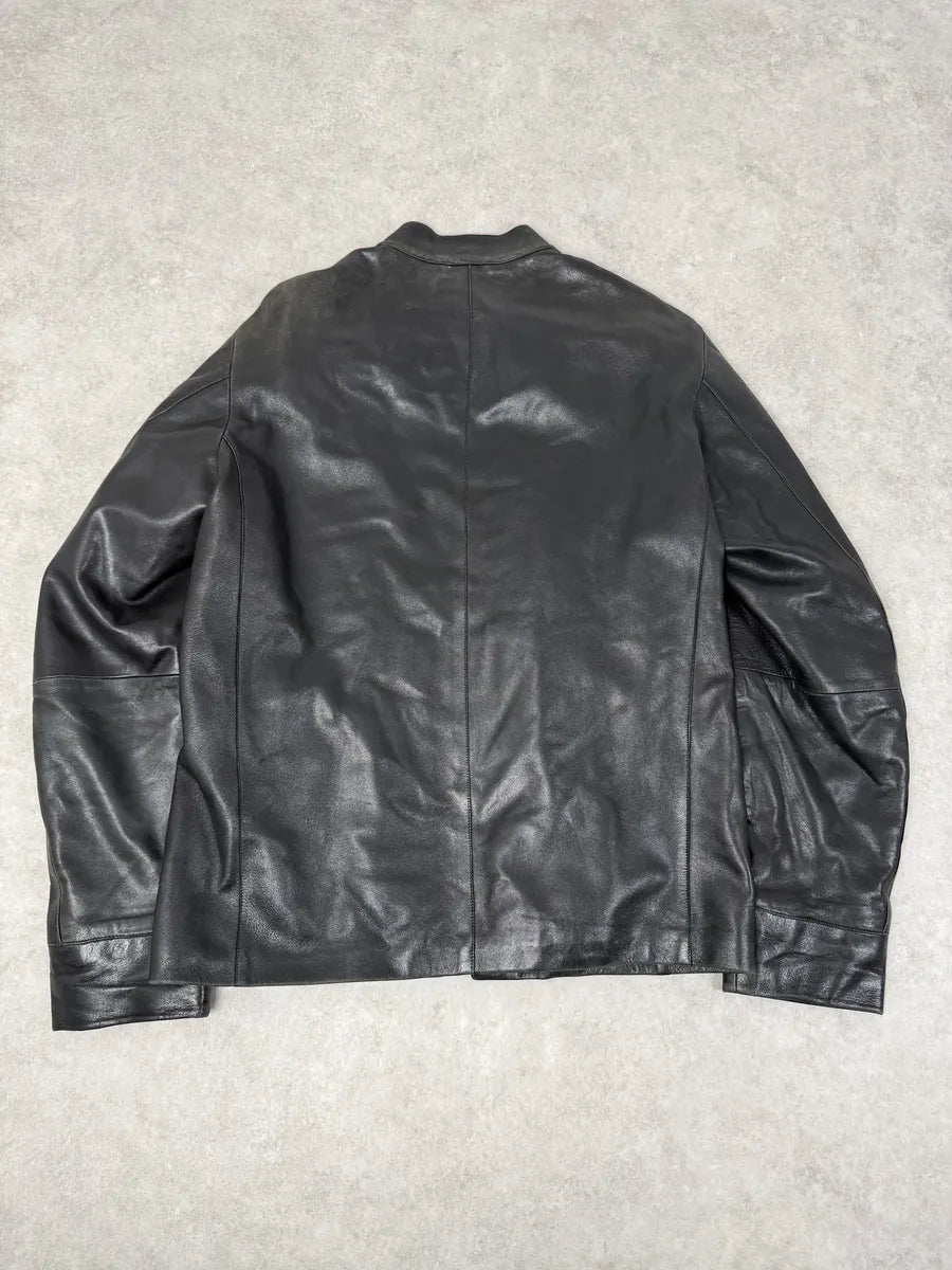 1990s Emporio Armani Black Padded Leather Minimalist Biker Jacket mlObgHf 2