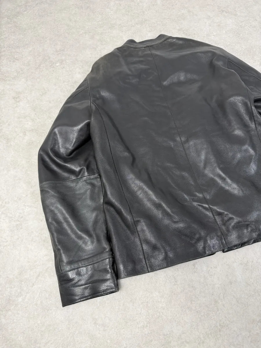 1990s Emporio Armani Black Padded Leather Minimalist Biker Jacket mlObgHf 3