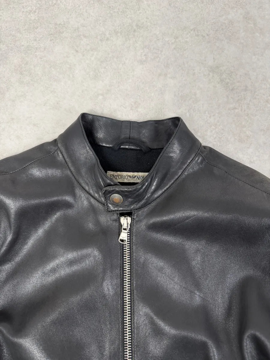 1990s Emporio Armani Black Padded Leather Minimalist Biker Jacket mlObgHf 6