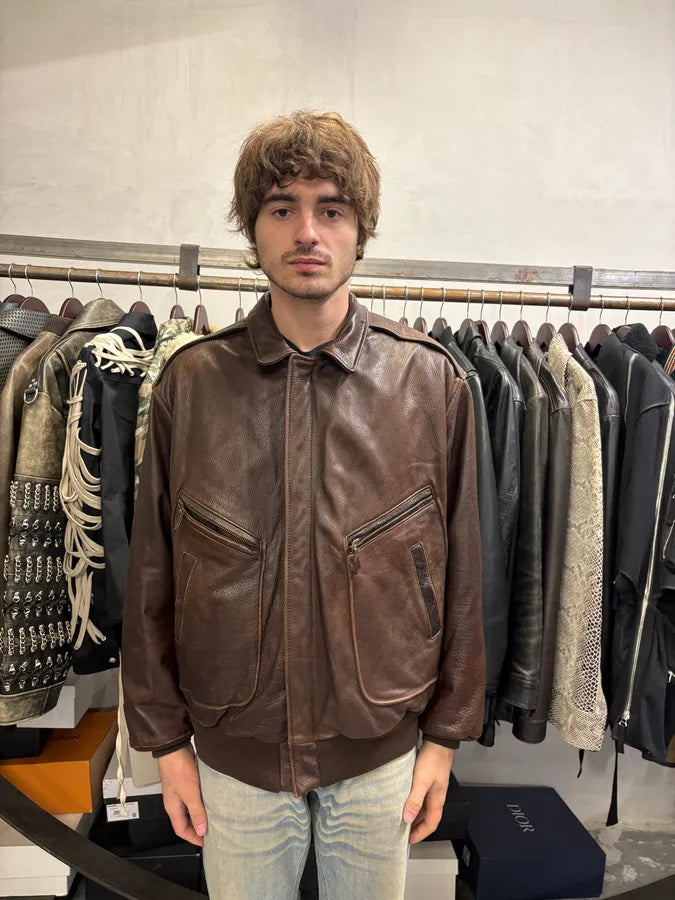 1990s Emporio Armani Brown Bomber Leather Jacket gXMLaEo 1