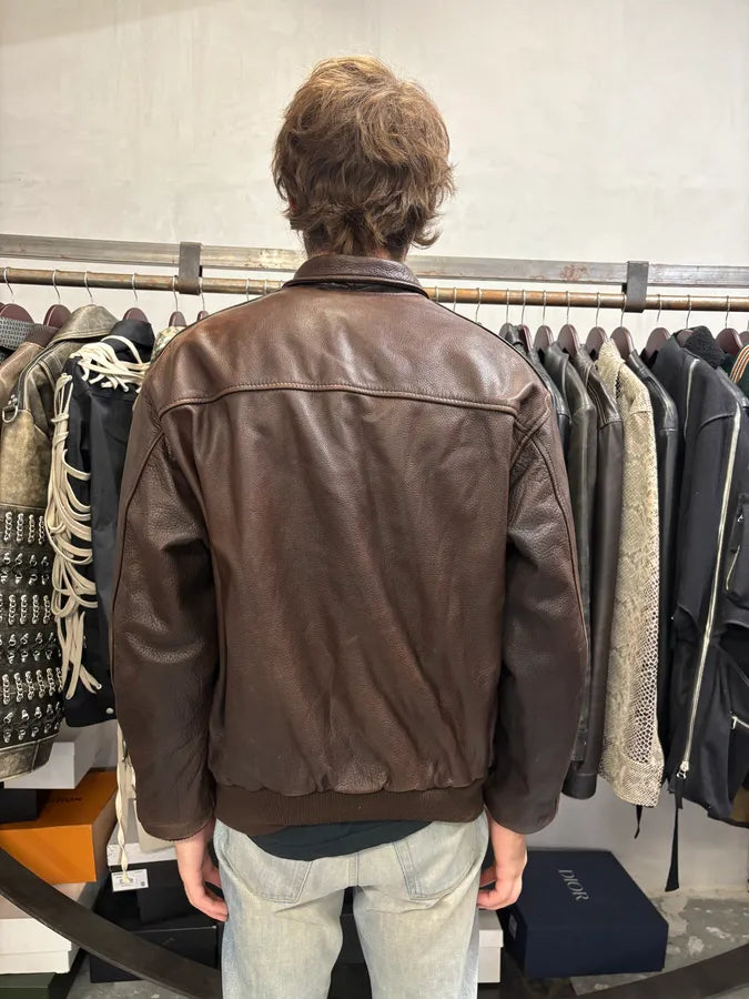 1990s Emporio Armani Brown Bomber Leather Jacket gXMLaEo 2