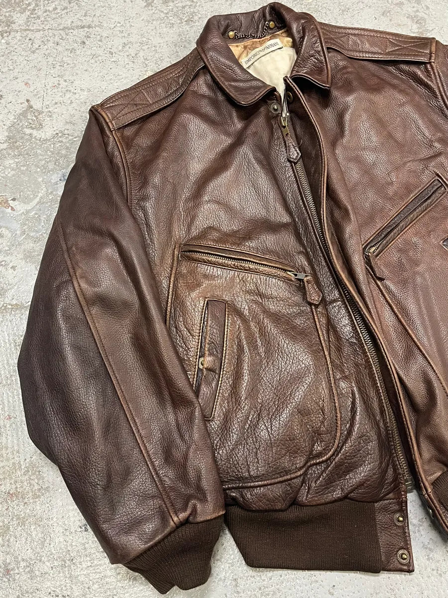1990s Emporio Armani Brown Bomber Leather Jacket gXMLaEo 4