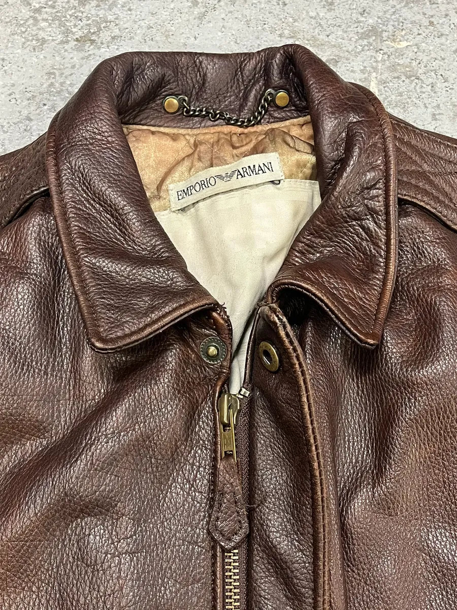 1990s Emporio Armani Brown Bomber Leather Jacket GWzTBye 6