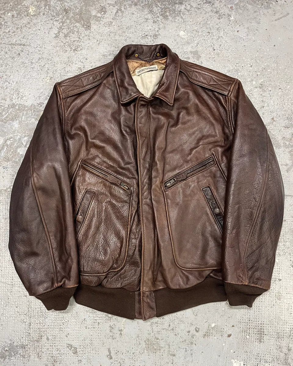 1990s Emporio Armani Brown Bomber Leather Jacket GWzTBye 0