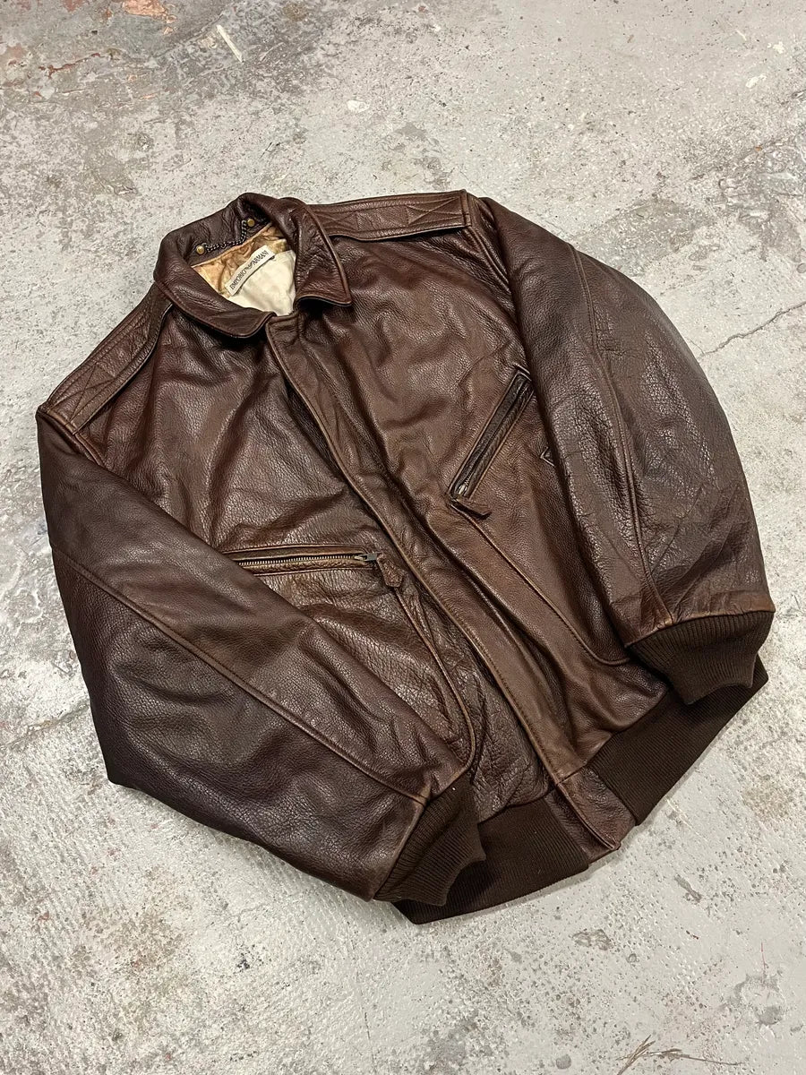 1990s Emporio Armani Brown Bomber Leather Jacket GWzTBye 3