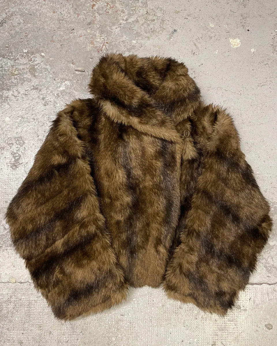 1990s Emporio Armani Brown Faux Fur Imperial Jacket (L/XL) qBhmTSV 0