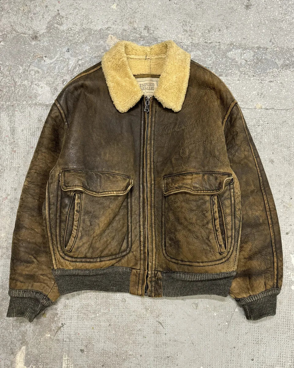 1990s Emporio Armani Brown Shearling Aviator Leather Jacket (M/L) 0