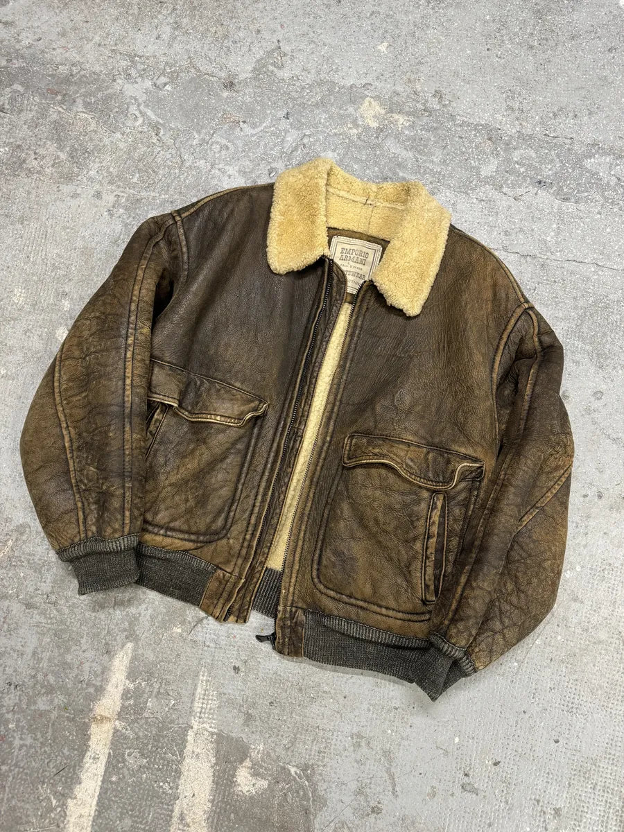 1990s Emporio Armani Brown Shearling Aviator Leather Jacket (M/L) 1