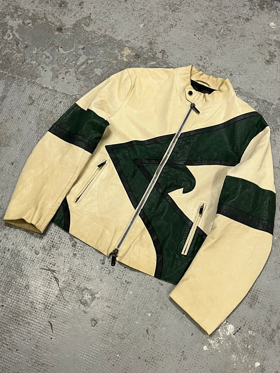 SS2005 Emporio Armani Contemporary Beige & Green Biker Jacket sSdZgWu 4