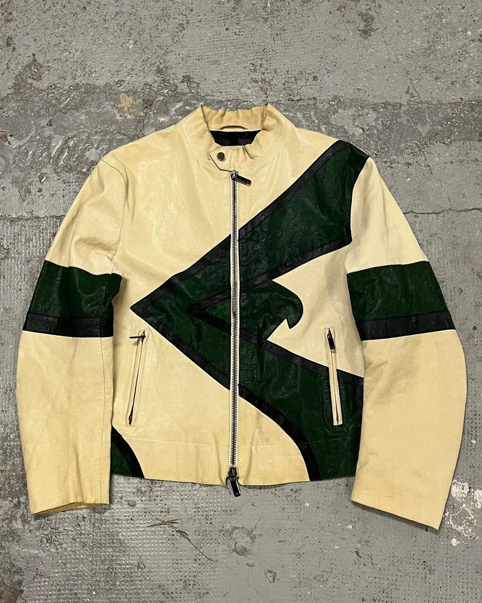 SS2005 Emporio Armani Contemporary Beige & Green Biker Jacket sSdZgWu 0