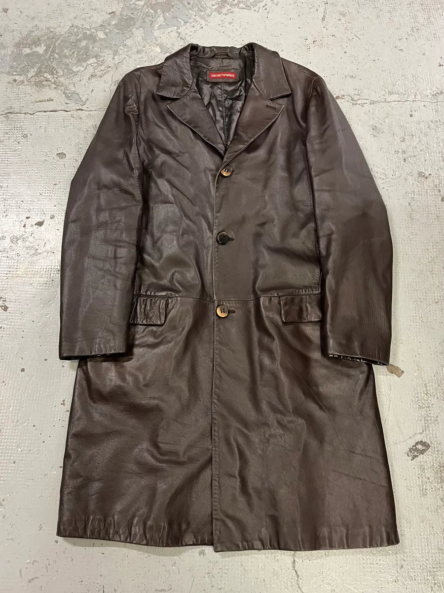 1990s Emporio Armani Dark Brown Leather Trench Coat KMEFQVm 0