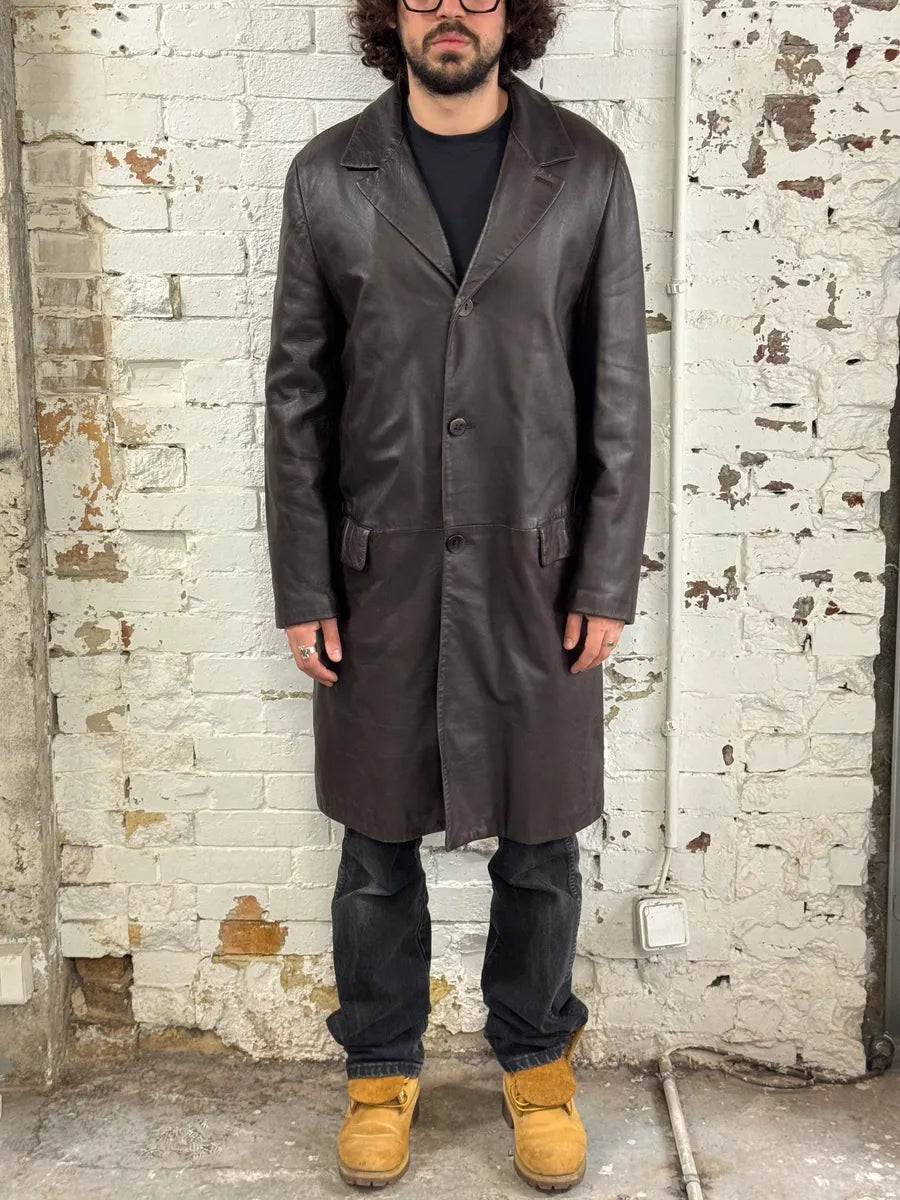 1990s Emporio Armani Dark Brown Leather Trench Coat KMEFQVm 1