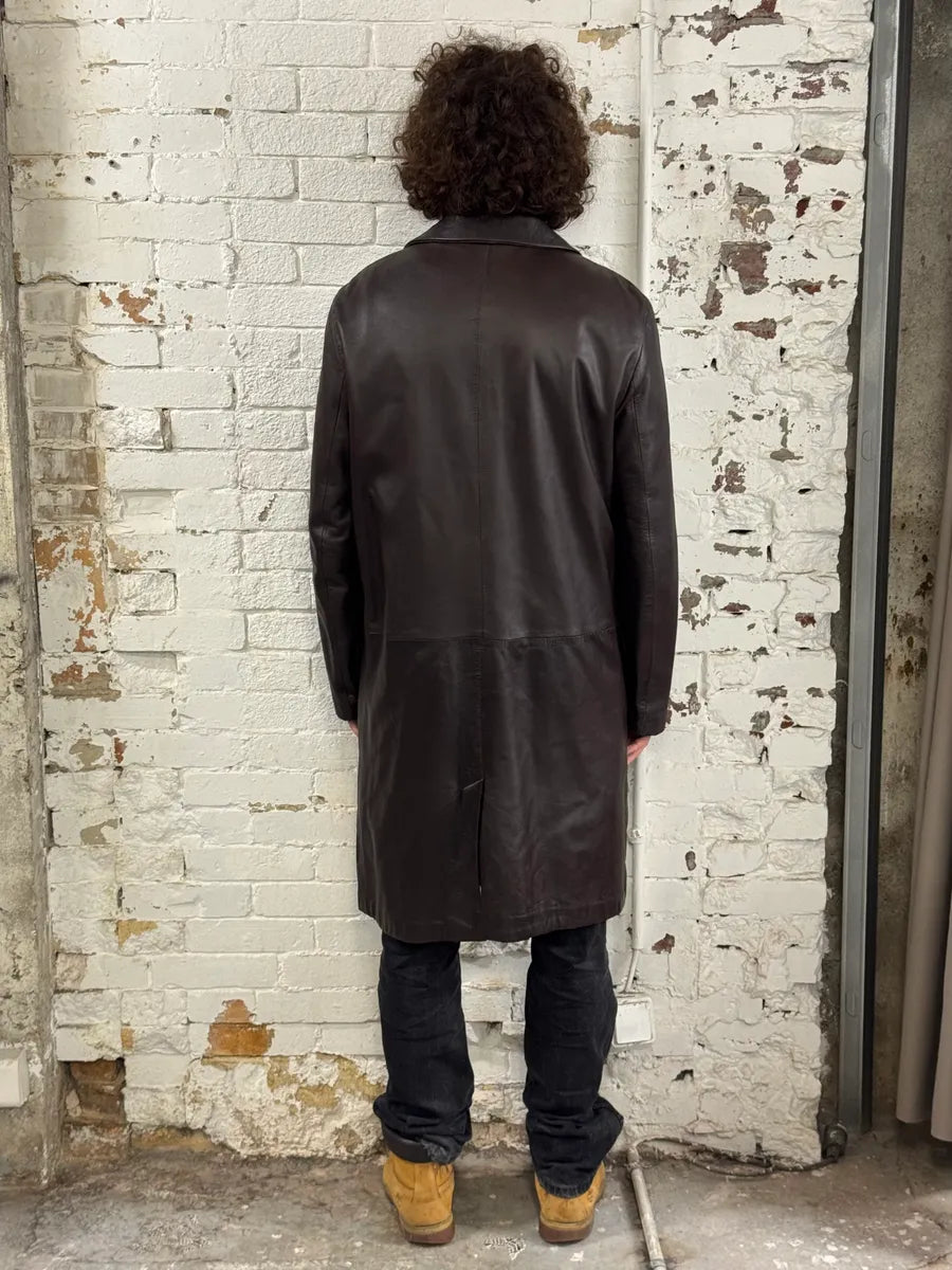 1990s Emporio Armani Dark Brown Leather Trench Coat KMEFQVm 2