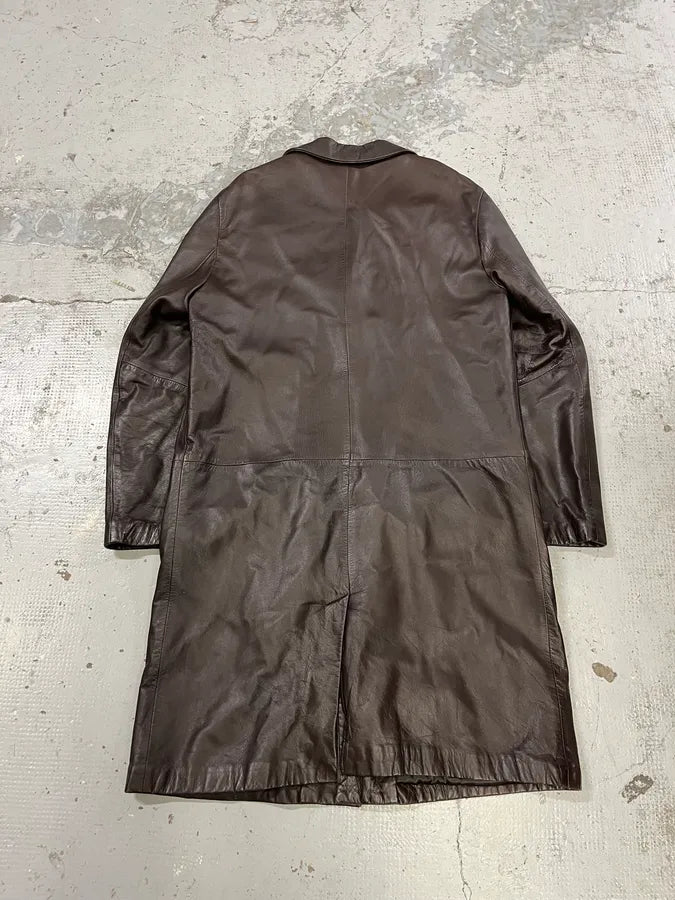 1990s Emporio Armani Dark Brown Leather Trench Coat KMEFQVm 6