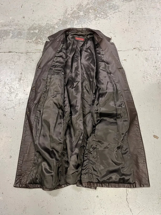 1990s Emporio Armani Dark Brown Leather Trench Coat KMEFQVm 7