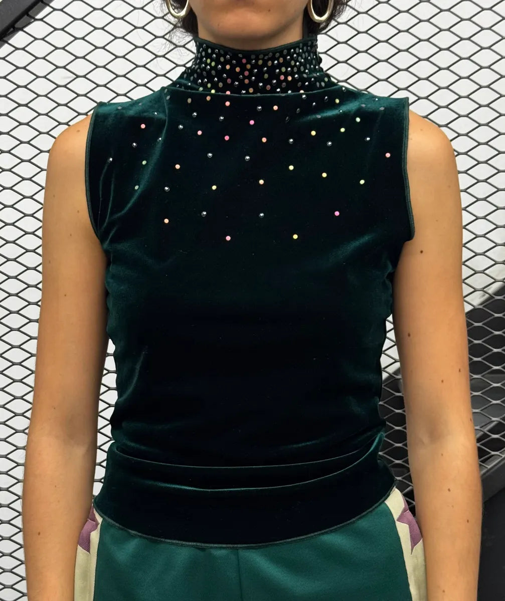1990s Emporio Armani Dark Green Velvet Galaxy Pearls Top tyQUShB 2