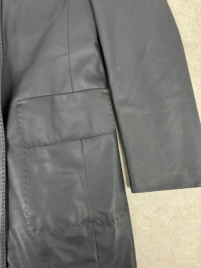 1990s Emporio Armani Eco Leather Navy Premium Trench Coat AINYlGk 11