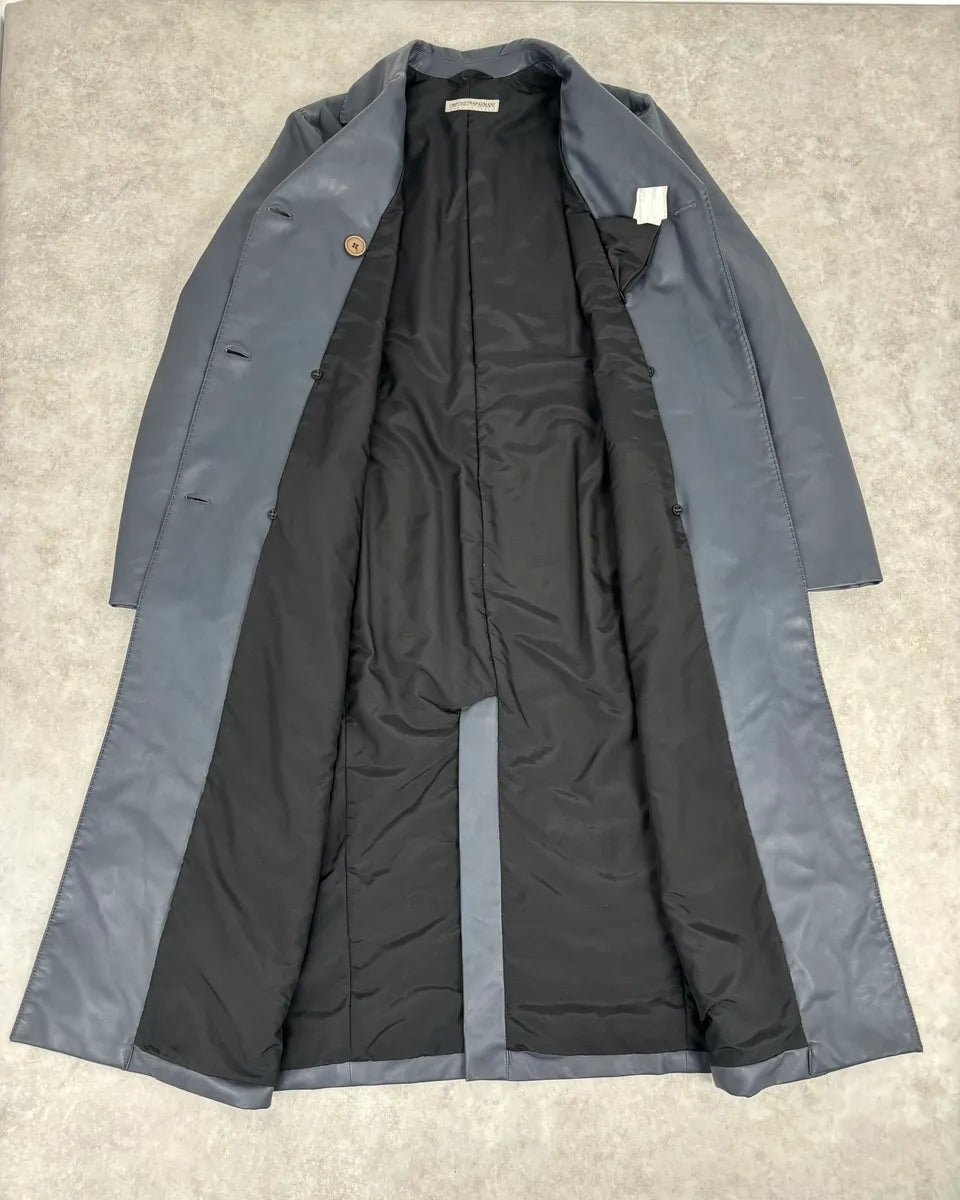 1990s Emporio Armani Eco Leather Navy Premium Trench Coat AINYlGk 6