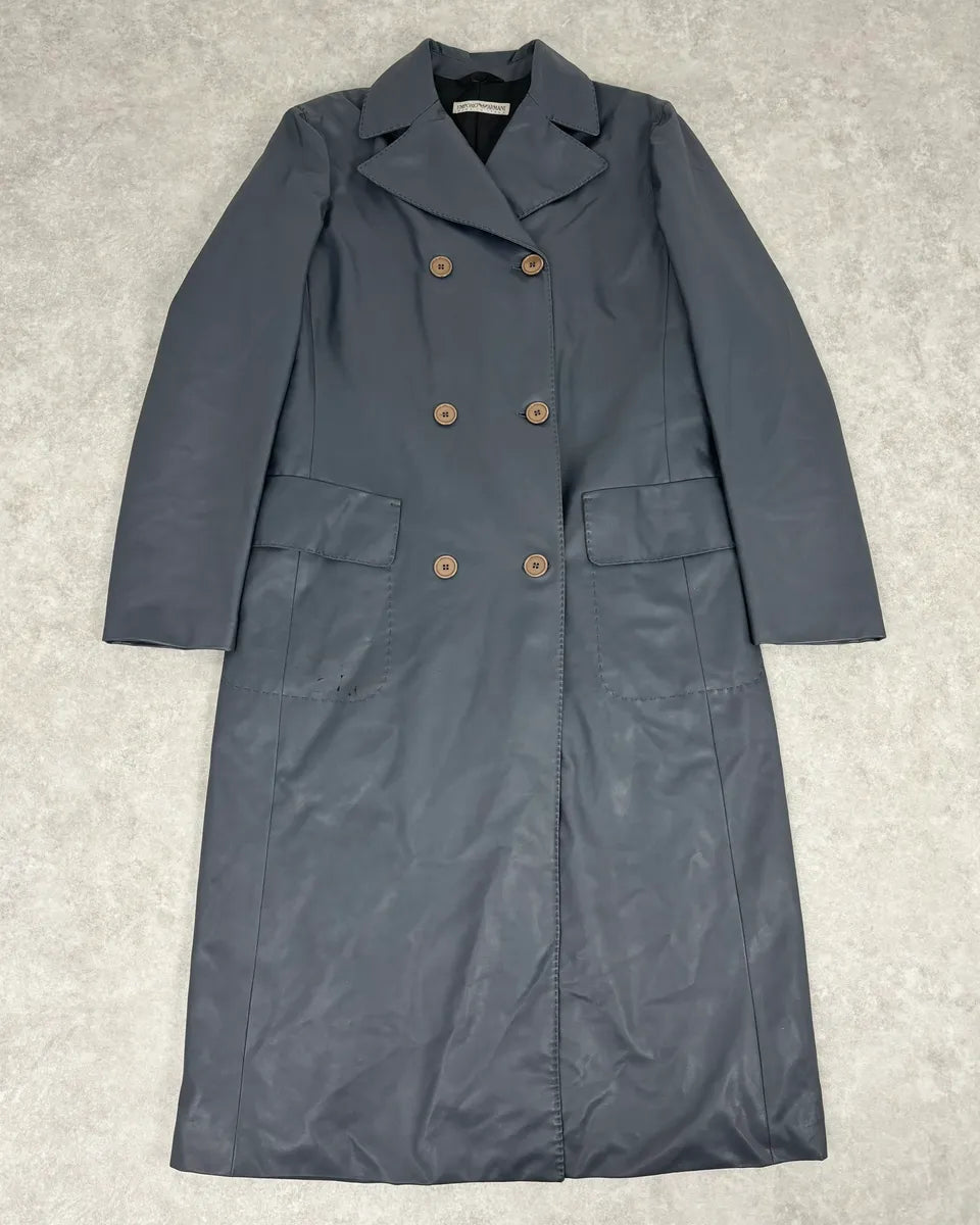 1990s Emporio Armani Eco Leather Navy Premium Trench Coat AINYlGk 0
