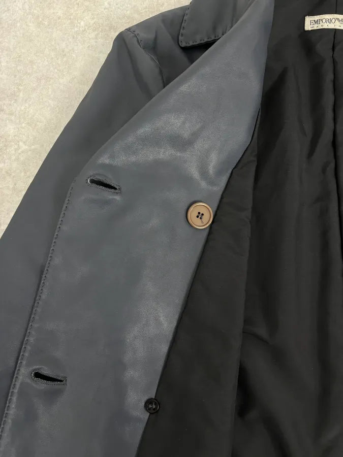 1990s Emporio Armani Eco Leather Navy Premium Trench Coat AINYlGk 8