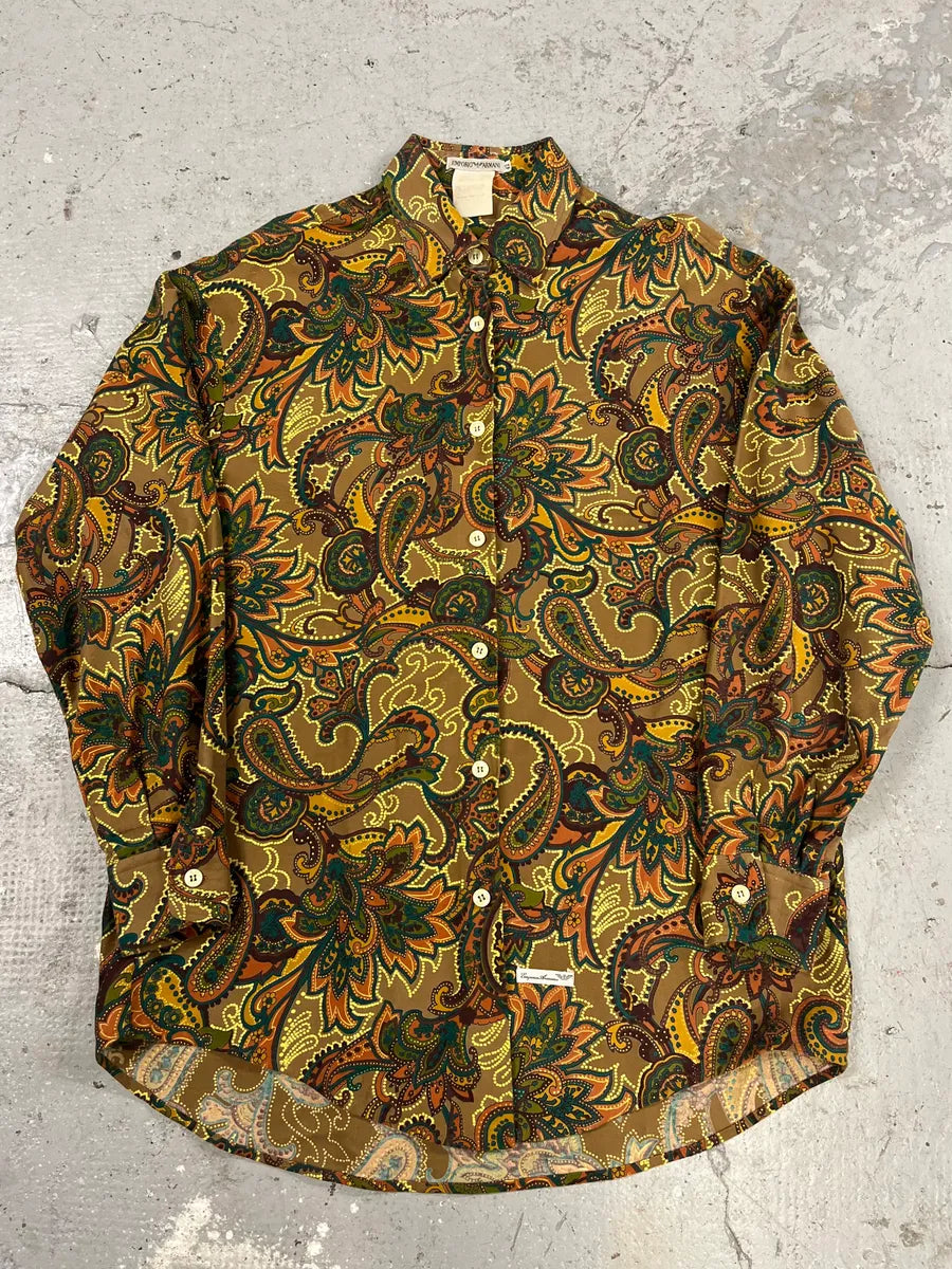 1990s Emporio Armani Graphic Flowers Green Shirt (S/M) 0