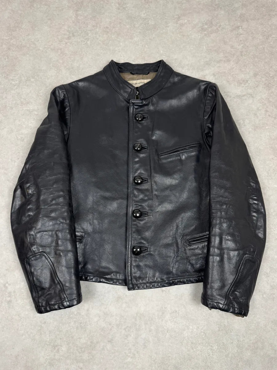 1990s Emporio Armani Mao Black Grain Leather Buttoned Jacket OvtXZLy 0