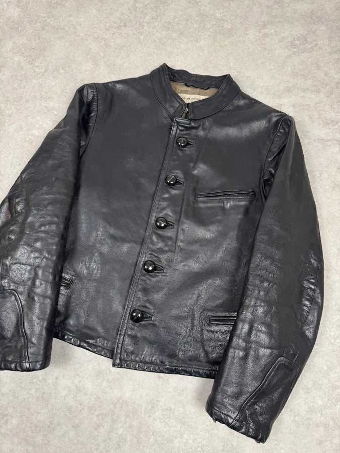 1990s Emporio Armani Mao Black Grain Leather Buttoned Jacket OvtXZLy 1
