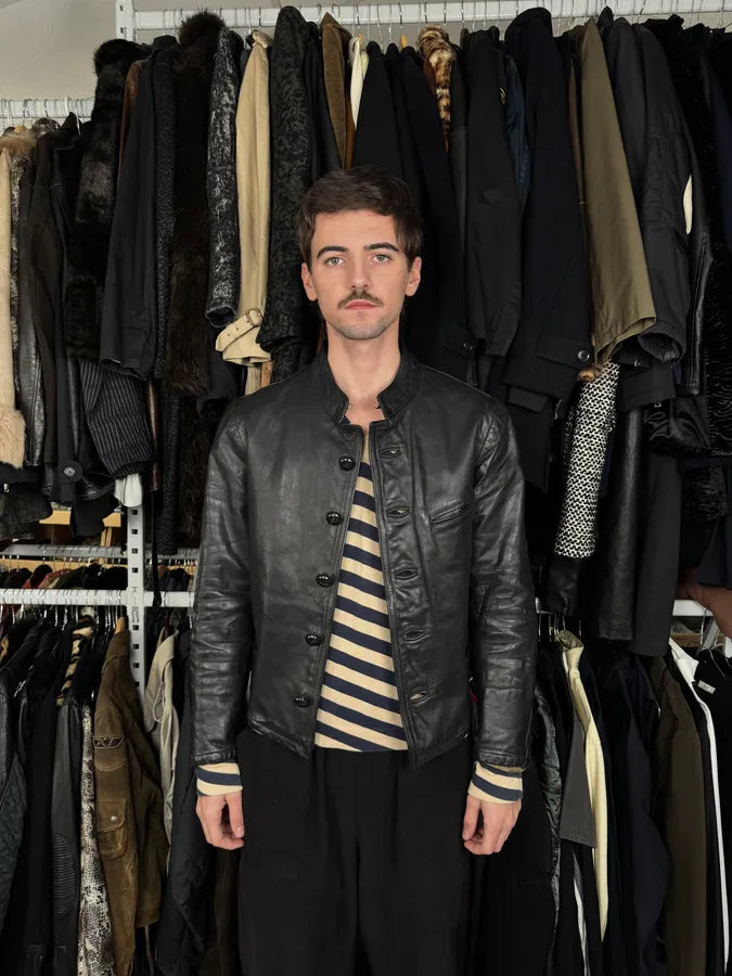 1990s Emporio Armani Mao Black Grain Leather Buttoned Jacket OvtXZLy 2